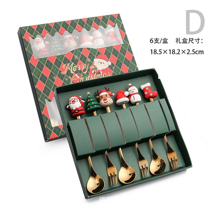 Conjunto 6 Peças de Garfos e Colheres Papai Noel Árvore de Natal Aço Inoxidável Colher de Café Sobremesa Utensílios de Mesa para Festa de Natal Presente Requintado