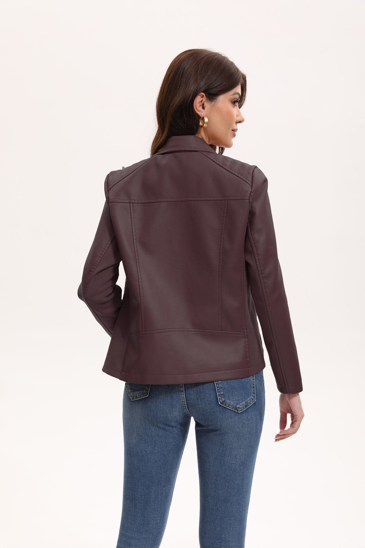 2025 Women’s Stylish Brown Faux Leather Jacket - Slim Fit, Trendy Moto Style with Zipper Detail PU Coat.