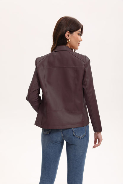 2025 Women’s Stylish Brown Faux Leather Jacket - Slim Fit, Trendy Moto Style with Zipper Detail PU Coat.