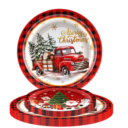 Christmas Theme Party Tableware Red Plaid Christmas Car Disposable Tableware Set Paper Plate Party Decoration Supplies