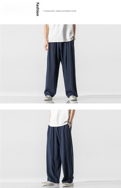 Summer Large Size Linen Cotton Wide Leg Pants Men Casual Comfortable Loose Fit Straight Leg Trousers Long Pants