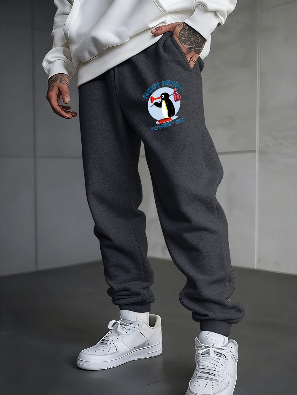 Noot Noot Cartoon Penguin Printing Sweatpants Men'S Basics Trousers Fleece Loose All-Match Sporty Pants Winter Men Streetwear