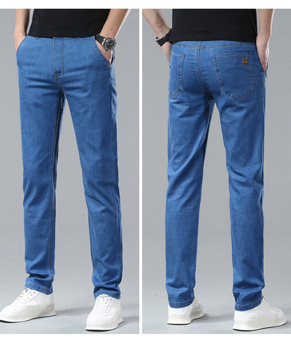 Light Blue Classic Business Casual Cotton Pants Fashion Breathable Denim Elastic Trousers Brand Men's Clothing Straight Jeans