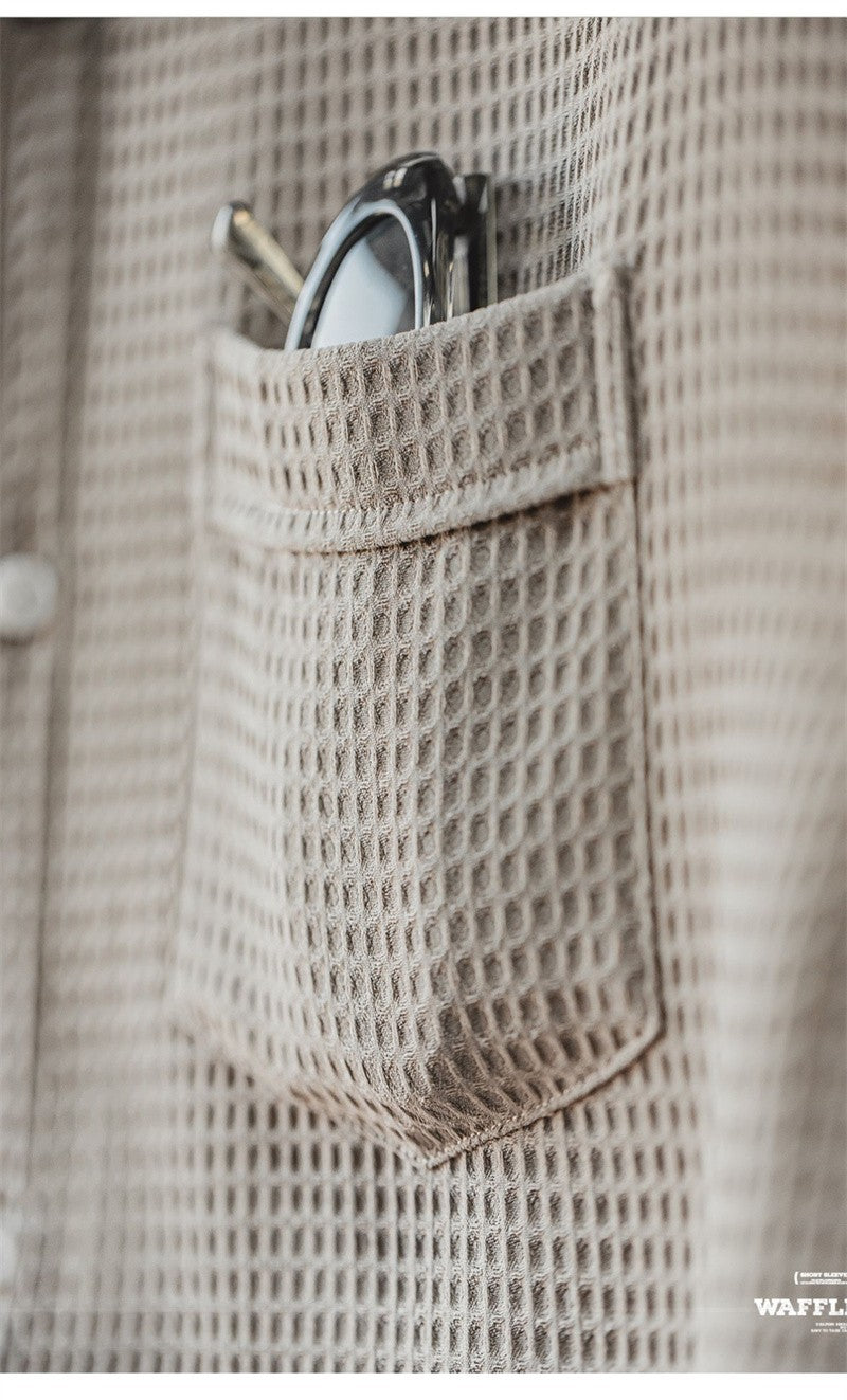 Summer Men's Waffle Short Sleeve Cargo Shirts 2025 New Casual Retro Breathable Lapel Blouse Y2K Vintage Streetwear Tee Shirt