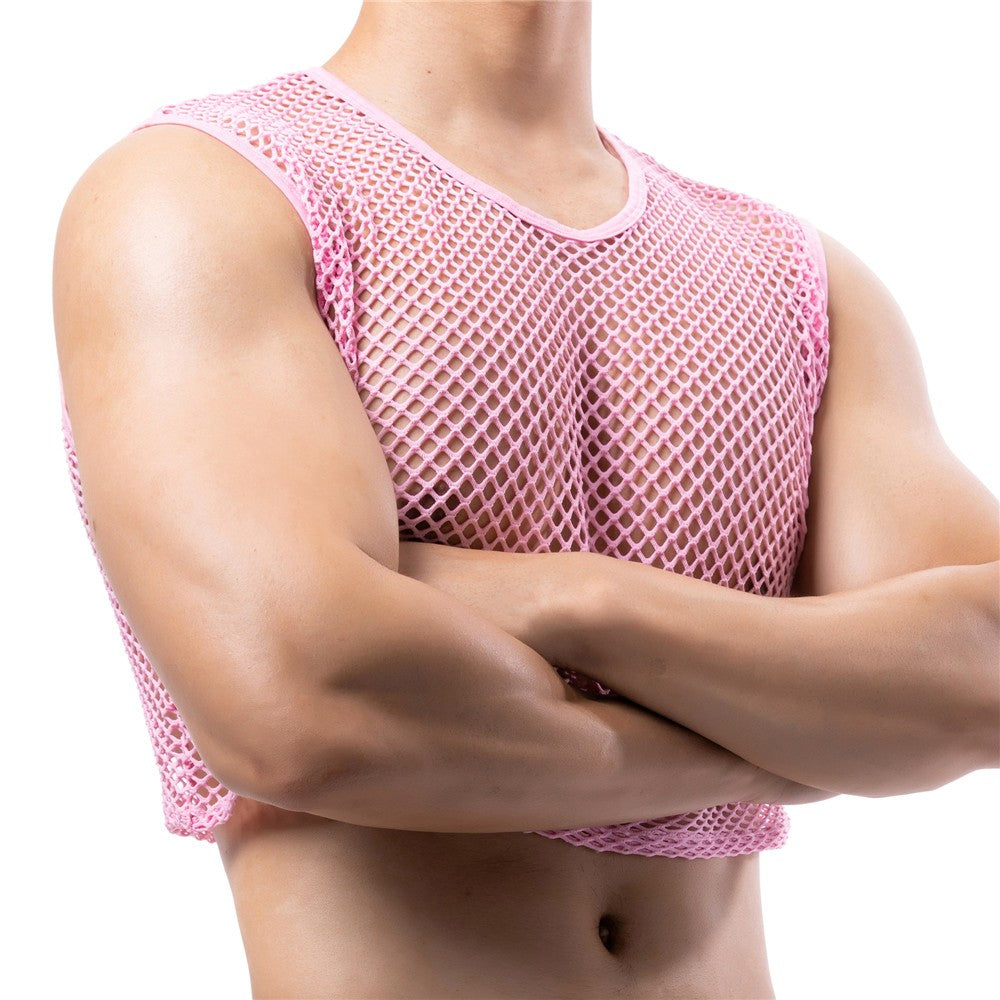 Mens Transparent Fishnet Crop Top Sexy Mesh Hollow Out Tank Tops Gym Fitness Sleeveless Undershirts T-shirts Nightclub Mini Vest