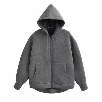 Alobee Autumn Women Gray Black Jacket With Hood Long Sleeve Zipper Jacket Coat Woman Loose Casual Big Pocket Outerwear Coat Tops