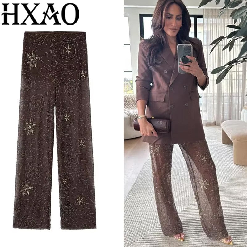 HXAO Women's Pants 2025 Beaded Tulle Pants For Woman Baggy Sequin New In Pants Spring Summer Semi Sheer Women's Trousers 088