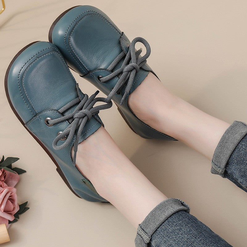 Vintage Plain Oxfords Shoes Women's Genuine Leather Flats Ladies Laced Up Moccasins Elderly Woman Square Toe Driving Loaferss