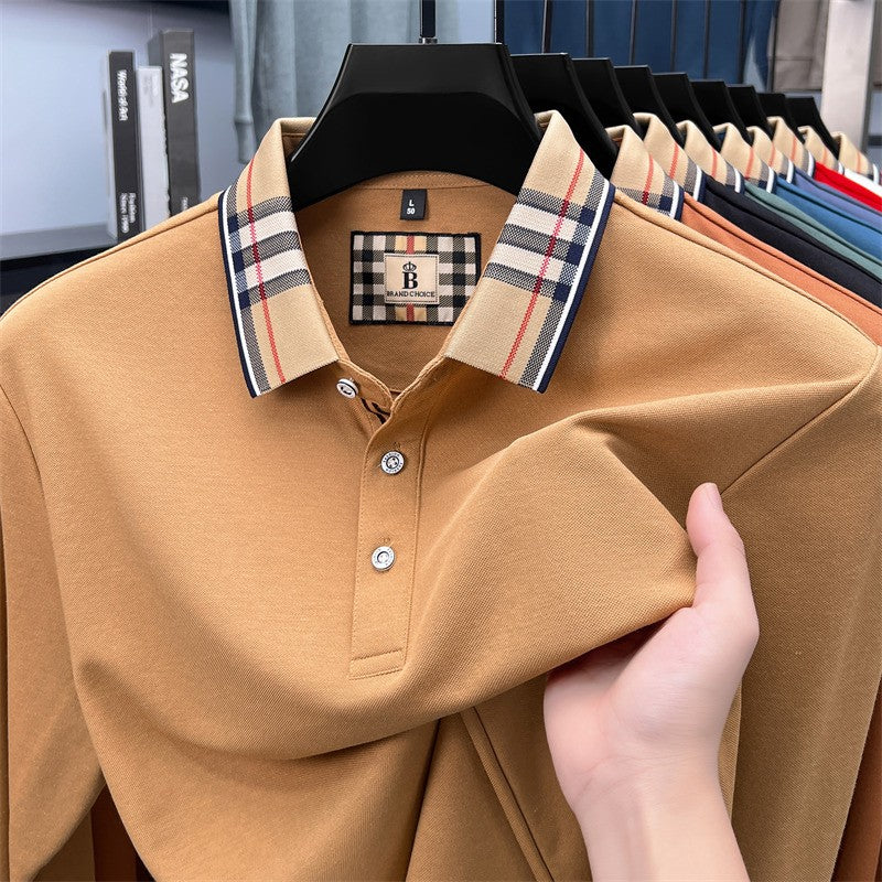 Luxury brand long sleeve polo shirt men comfortable casual autumn item silk cotton high-end Korean fashion plaid lapel T-shirt