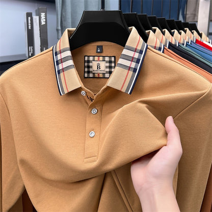 Luxury brand long sleeve polo shirt men comfortable casual autumn item silk cotton high-end Korean fashion plaid lapel T-shirt