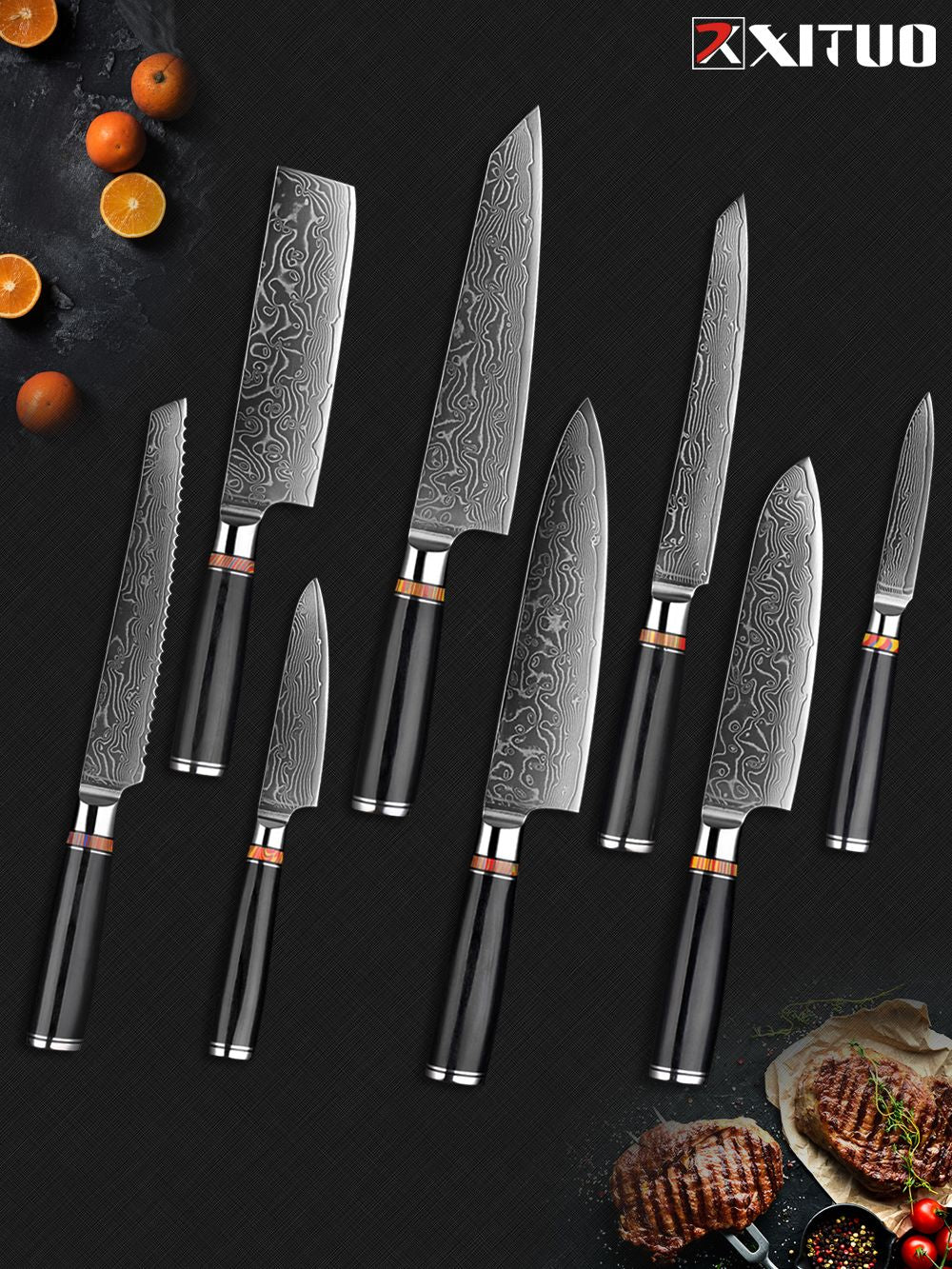 Conjunto de Facas de Cozinha de Aço Damasco Forjado para Arte 1-8 pçs Faca de Cozinha Profissional de Hotel para Fatiar e Cortar Utensílios de Cozinha Premium