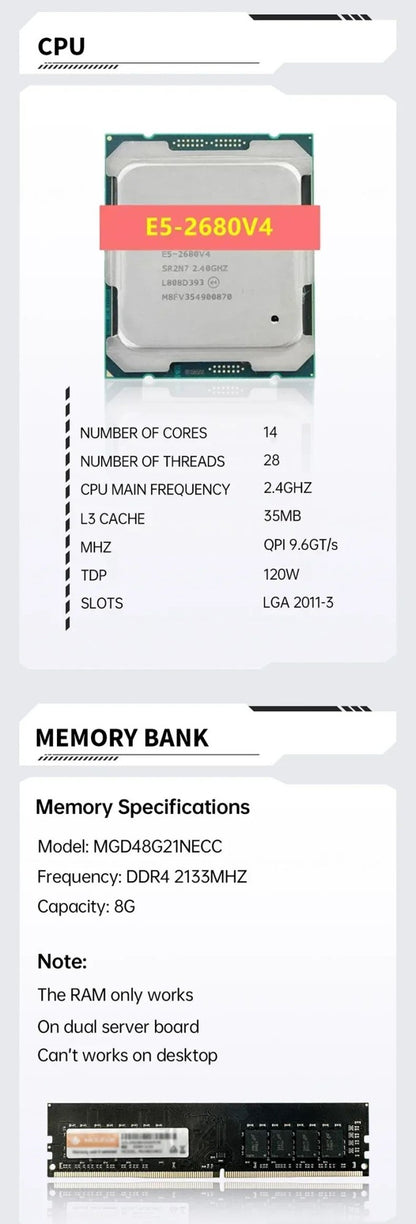 SOYO X99 Dual CPU Gaming Motherboard Kit lntel Xeon E5 2680 V4*2&DDR4 16GB (2*8GB) LGA2011-3 M.2 NVME for Desktop Computer Host