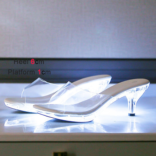 6CM Women's Kitten Heels Slides LED Light Sandals Nightclub Slim Heel Transparent Crystal Outside Slippers Tourist Beach Shoes