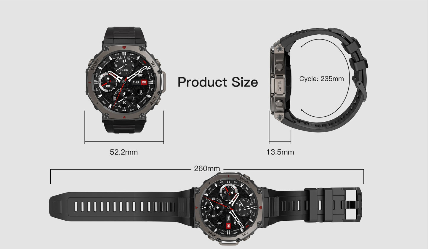 Novo Smartwatch Militar GPS de Banda Dupla T-Rex 3 Pro 48mm Resistente à Água 10ATM Bateria de 500mAh Bússola Altímetro AGPS