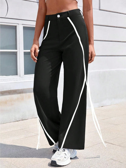 Fisoew Womens Casual Track Pants Straight Leg Trousers Splicing Line Wide Leg Pants Athletic Workout Sweatpants