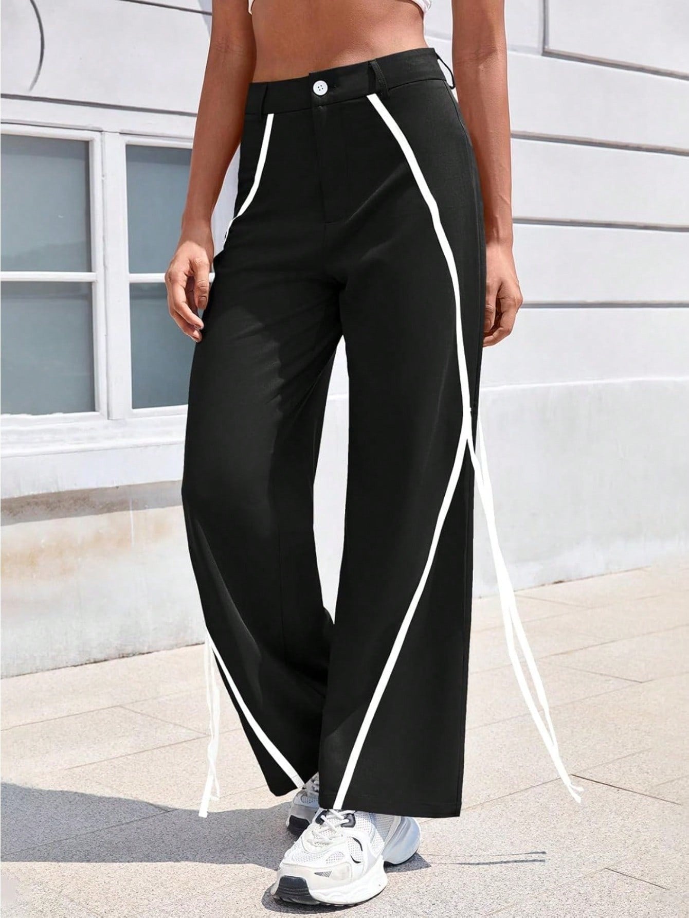 Fisoew Womens Casual Track Pants Straight Leg Trousers Splicing Line Wide Leg Pants Athletic Workout Sweatpants