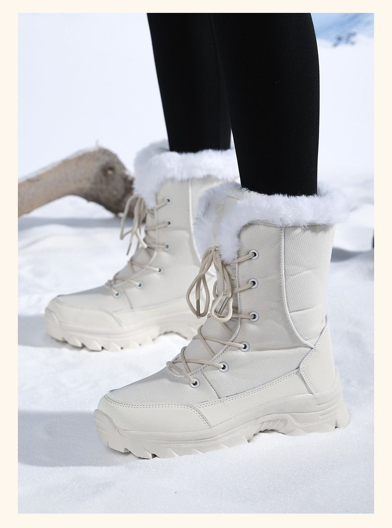 2025 Women's Snow Boots Beige Lace-up Waterproof Antiskid Female New Ankle Boots Walking Shoes plush Winter Warm Mid-Calf Boots