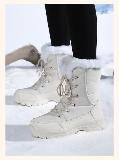 2025 Women's Snow Boots Beige Lace-up Waterproof Antiskid Female New Ankle Boots Walking Shoes plush Winter Warm Mid-Calf Boots