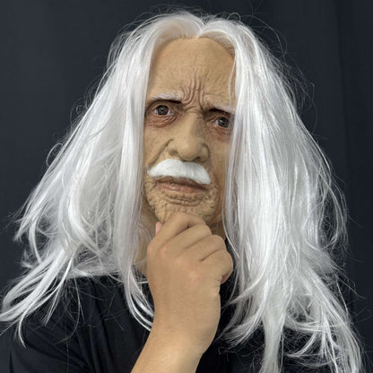 Realistic Old Man Latex Mask with Long White Hair & Mustache – Full Head Cosplay Helmet for Halloween Costume Party Props