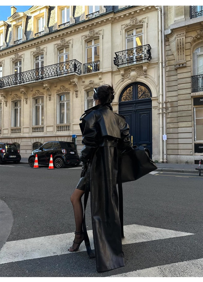 Lautaro Spring Autumn Extra Long Black Pu Leather Trench Coat for Women with Back High Slit Luxury Chic European Fashion 2024