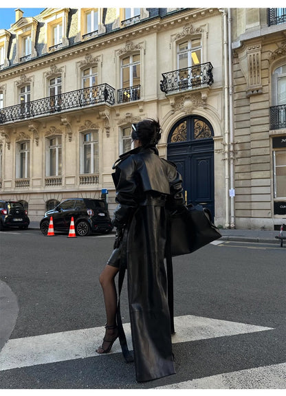 Lautaro Spring Autumn Extra Long Black Pu Leather Trench Coat for Women with Back High Slit Luxury Chic European Fashion 2024
