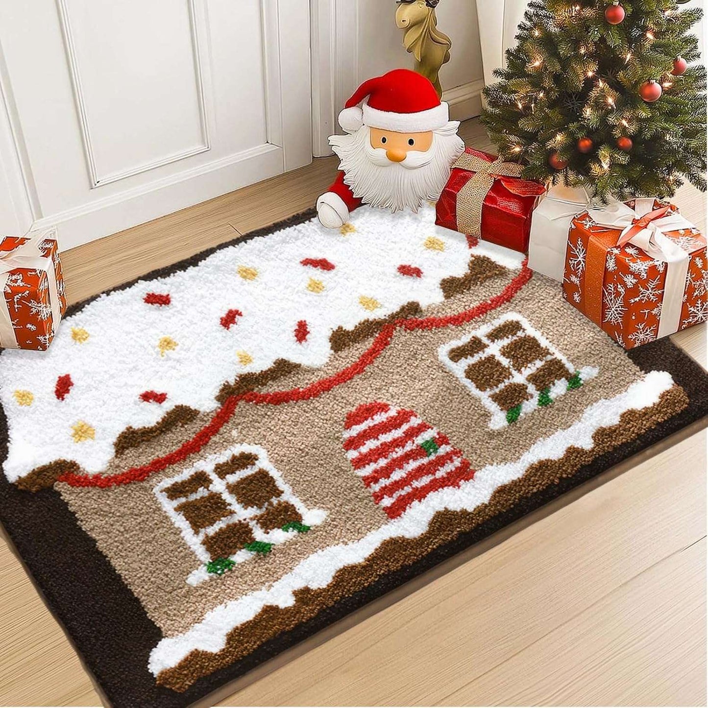 VIKAMA Christmas Cartoon Faux Cashmere Carpet Soft Bathroom Mat Bedroom Bedside Rug Entrance Door Mat Festive Home Decoration