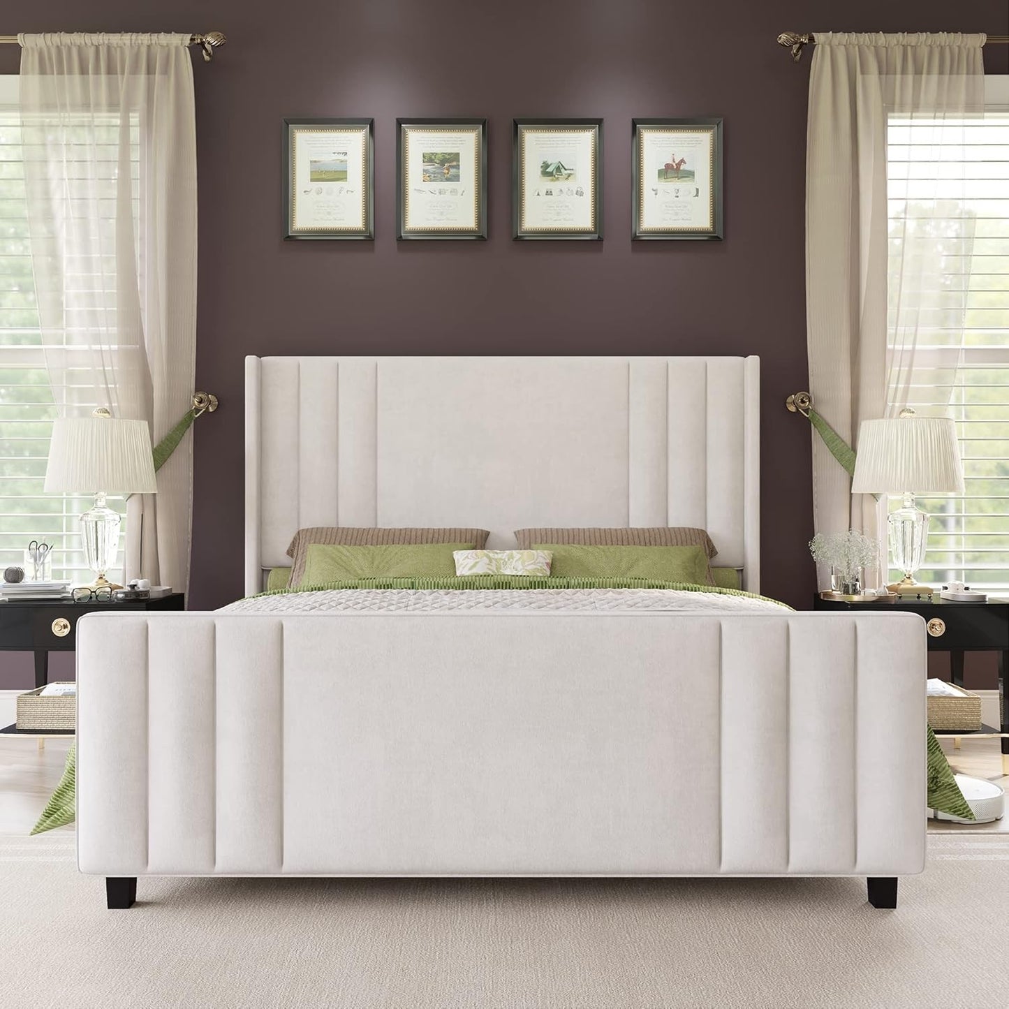Cama Queen Size, Plataforma Estofada em Veludo com Cabeceira e Peseira Tuftadas em Canais Verticais/Wingback, Colchão N