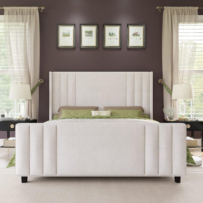 Cama Queen Size, Plataforma Estofada em Veludo com Cabeceira e Peseira Tuftadas em Canais Verticais/Wingback, Colchão N
