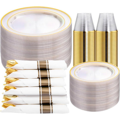 350PCS Clear Gold Plastic Dinnerware Set for 50 Guests Thanksgiving Plates Disposable Include: 50 Dinner Plates 50 Dessert Plat