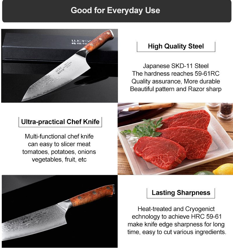 Japanese SKD-11 Damascus Steel Multifunctional Gyuto Chef Kiritsuke Knife With Wood Handle Super Sharp Long Lasting