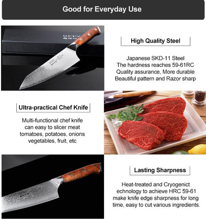 Japanese SKD-11 Damascus Steel Multifunctional Gyuto Chef Kiritsuke Knife With Wood Handle Super Sharp Long Lasting