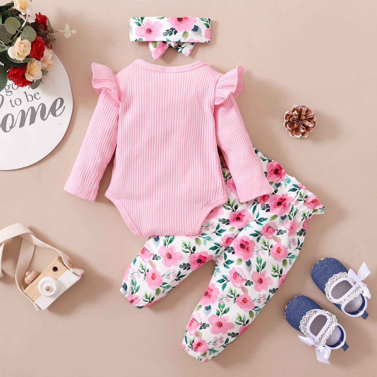 0-18M Baby Girl Pink Clothes Set Spring&Autumn Clothing Long Sleeve Bodysuit+Floral Pants+Headband 3PCS Toddler Fashion Outfits