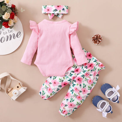 0-18M Baby Girl Pink Clothes Set Spring&Autumn Clothing Long Sleeve Bodysuit+Floral Pants+Headband 3PCS Toddler Fashion Outfits
