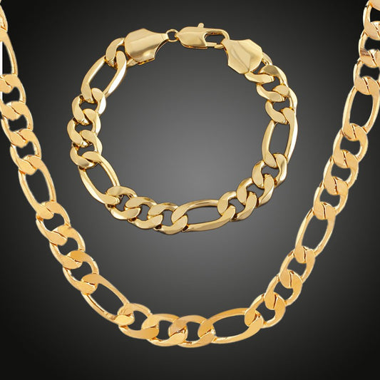 Luxury 24K 9999 Pure Gold real gold Figaro necklace men's necklace bracelet set width 6MM 8MM 10MM length 60cm