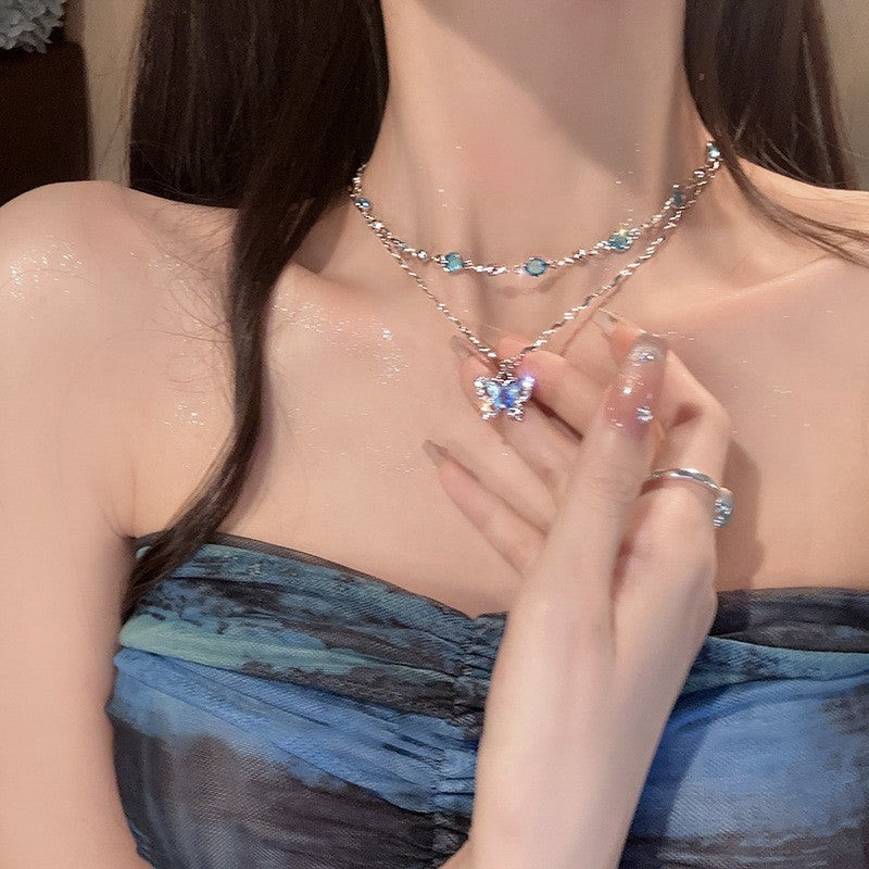 LATS Colar Feminino de Borboleta Cristal Azul Romântico Simples Brilhante Zircônia Camada Dupla Gargantilha Corrente Clavícula Nova Joia Fina