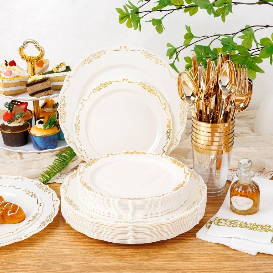 210Pcs Ivory Plastic Plates Disposable Plates Heavy Duty Gold Plastic Dinnerware Set for Party Wedding Event Includes 30 Dinner