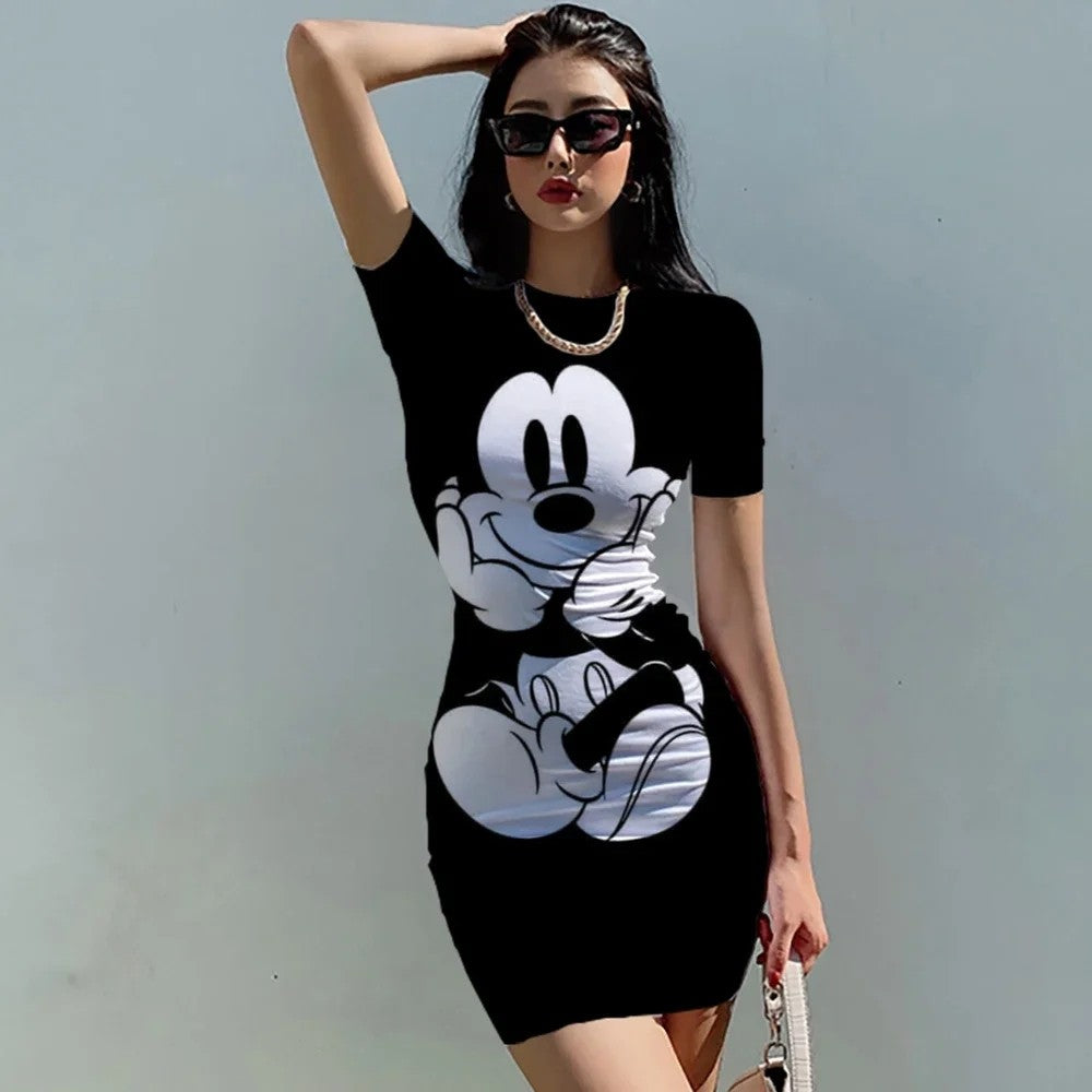 Women's Dress Casual Disney Cartoon Fashion Print Mickey 3XL Elegant Dresses for Women 2024 Top Sexy Slim Fit Minnie Mouse Tight