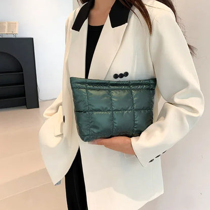 Cotton Filled Puffer Pouch PU Leather Large Capacity Puffer Padded Makeup Bag Waterproof Korean Style Thick Plaid Clutch Bag