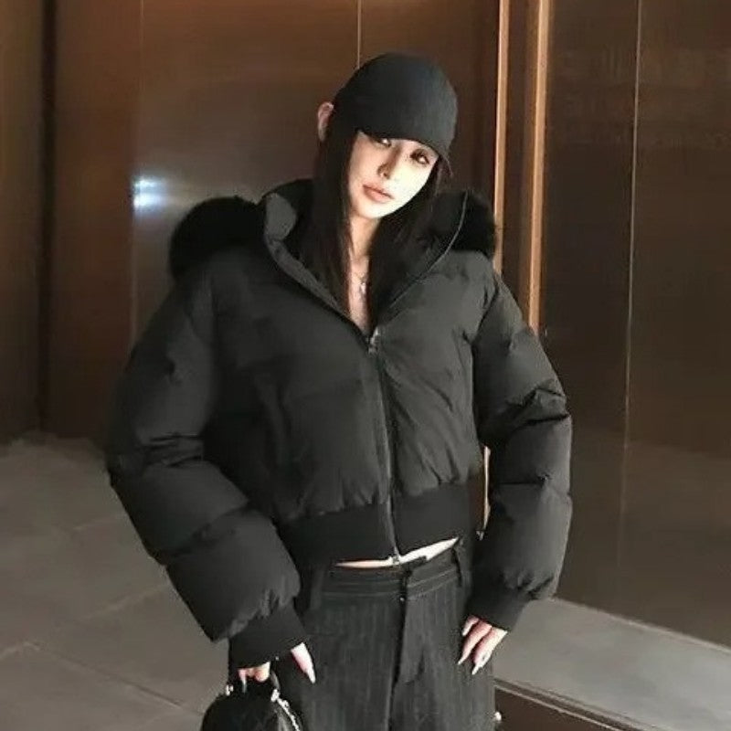 Winter Street Fashion Fur Collar White Zipper Hooded Short Jacket Women Casual Thicken Warm Coat Y2k Harajuku Sweet Outwear New