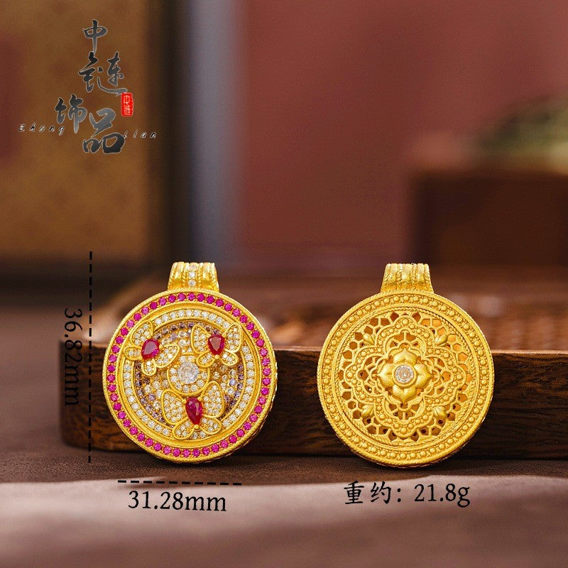 Luxury 9999 24K Solid gold certifid ancient method diamond garden butterfly compass pendant rotating compass pendant for women