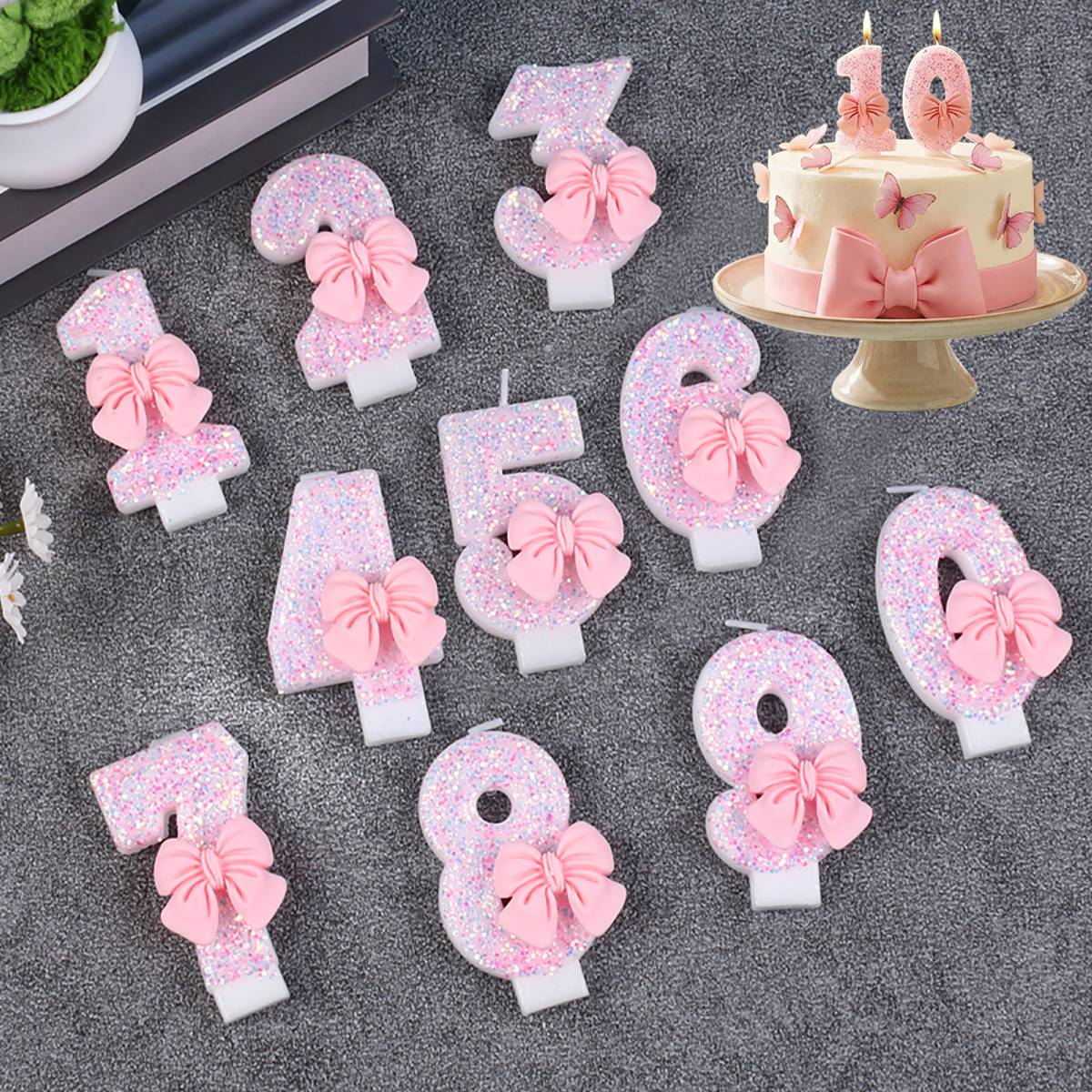 Pink Bow Number Candle Glitter Candle Cake Topper 0-9 for Birthday Anniversary Party Cake Decoration Gifts