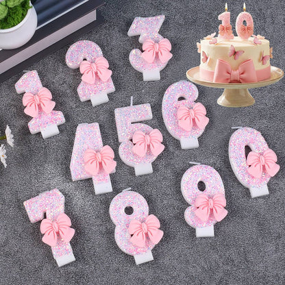 Pink Bow Number Candle Glitter Candle Cake Topper 0-9 for Birthday Anniversary Party Cake Decoration Gifts