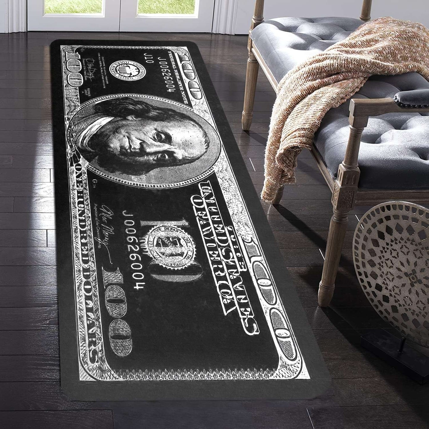 VIKAMA Black Us Dollar Long Strip Floor Mat, Soft And Comfortable, Bedside Rug, Bathroom Foot Mat, Home Decoration