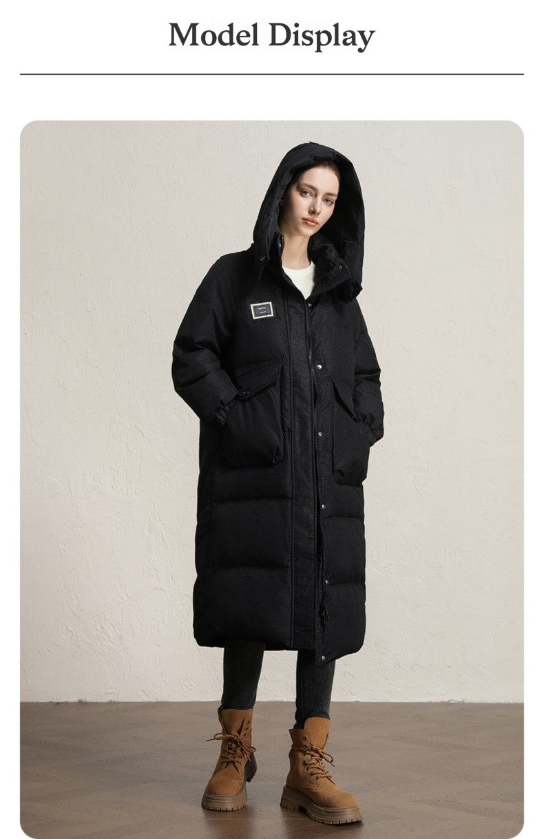 CLARKE QUEEN Long Down Jacket for Women Winter Duck Down Coat Hooded Over-the-Knee Casual Thickened Fitted Padded Puffer Coat