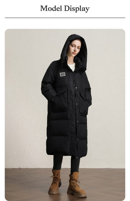 CLARKE QUEEN Long Down Jacket for Women Winter Duck Down Coat Hooded Over-the-Knee Casual Thickened Fitted Padded Puffer Coat