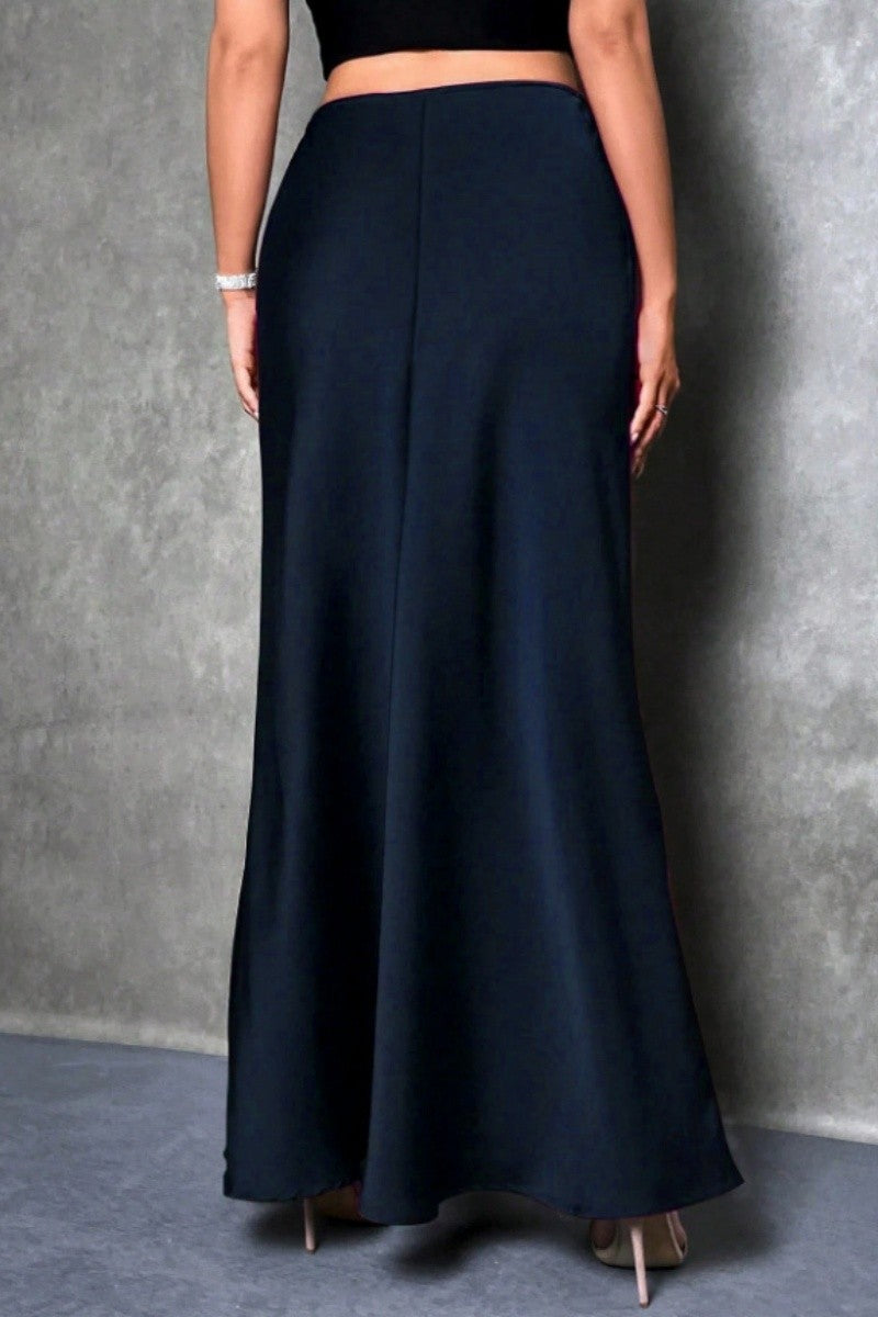 Elegant silk-like satin A-line midi skirt with high waist and mermaid tail for women in spring and summer