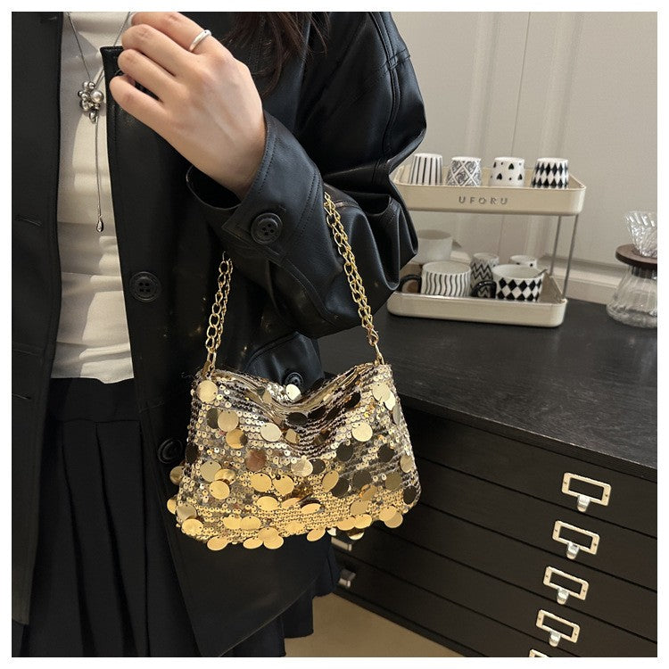Sequin Evening Party Shoulder Bags for Women Lightweight Portable Ladies Chain Crossbody Bag Solid Color Casual Female Handbag