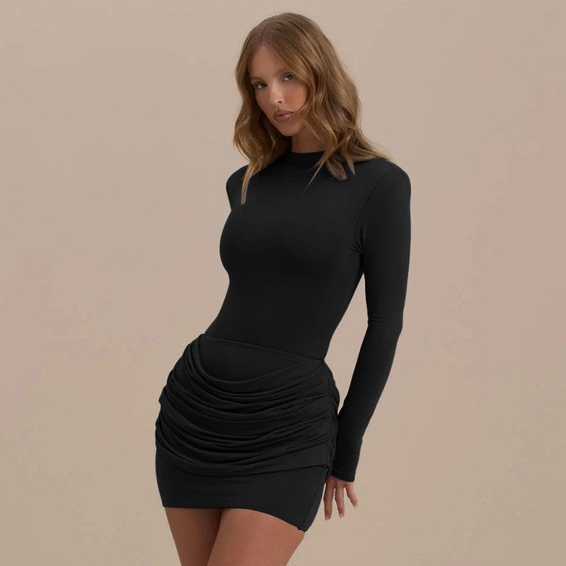 Lady Long Sleeve Ruched Sexy Mini Dress Women Autumn Winter New Elegant Solid High Waist Bodycon Club Party Dresses Female 2025