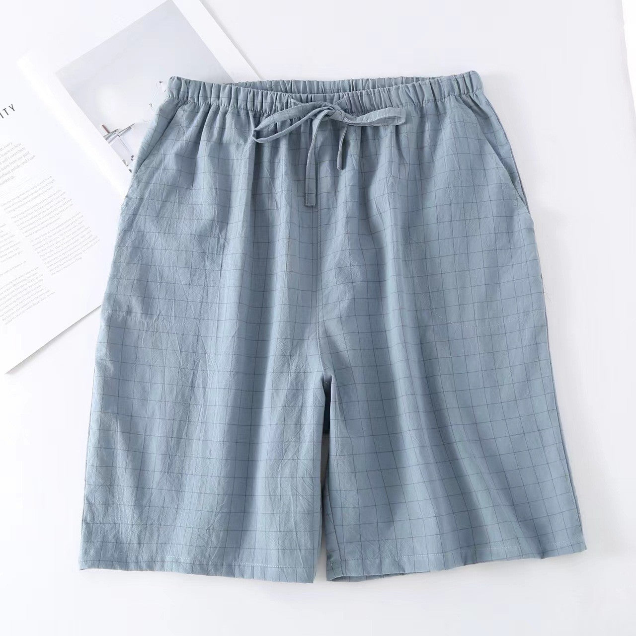 Plaid Design Sleepwear Men Pajama Shorts for Summer Thin Cotton Loose Double-layer Homewear Lounge Wear Checkered Pj Pants