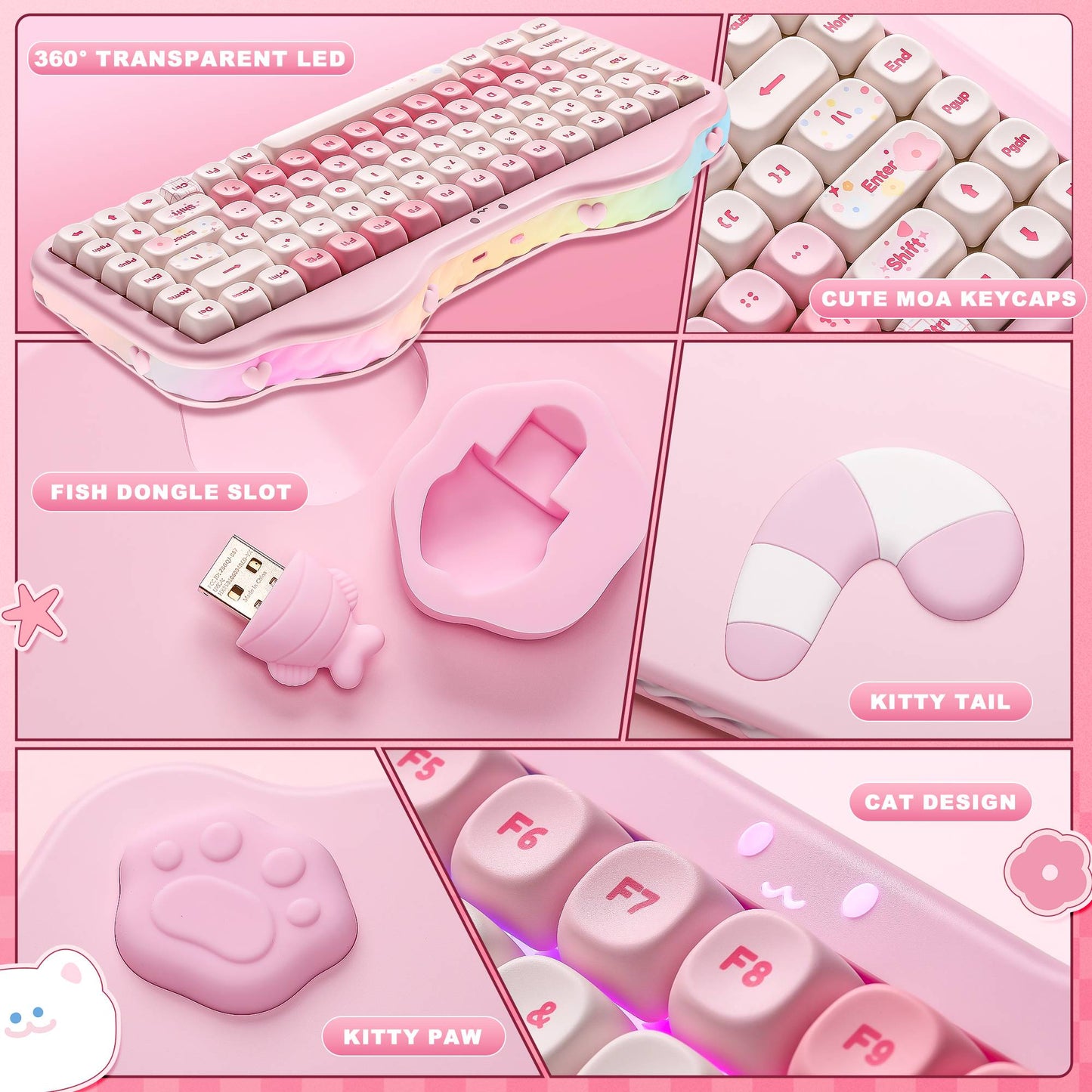 Teclado Mecânico Sem Fio Rosa YUNZII C75, Teclado RGB Hotswap Cremoso 75%, Suporte Gasket Design Cute Cake para Win/Mac/Gaming